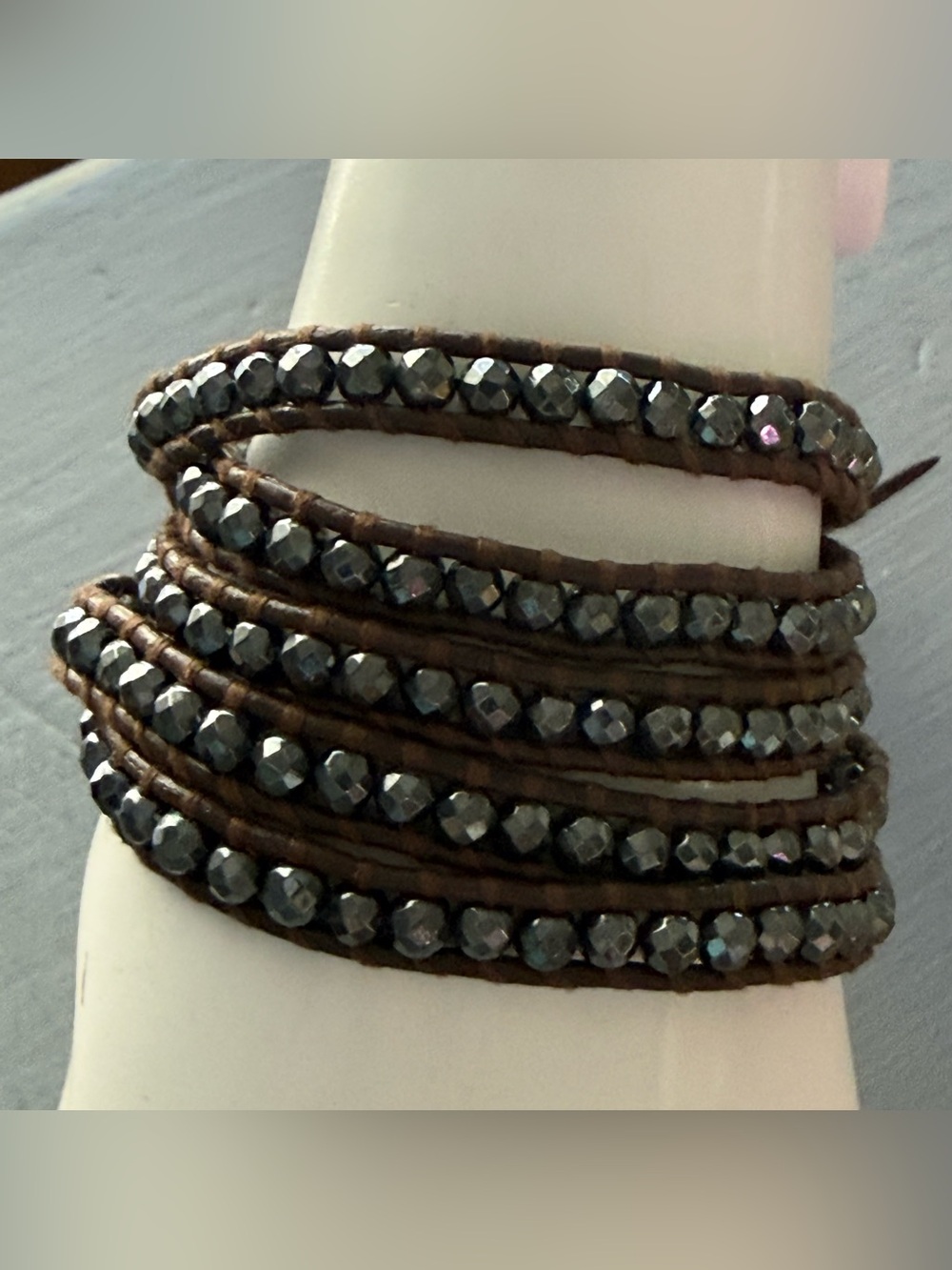 Chan Luu Hematite Faceted Bead Wrap Bracelet on Brown Leather